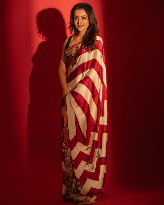Beige and Maroon Crape Silk Ready to Wear Saree - front view