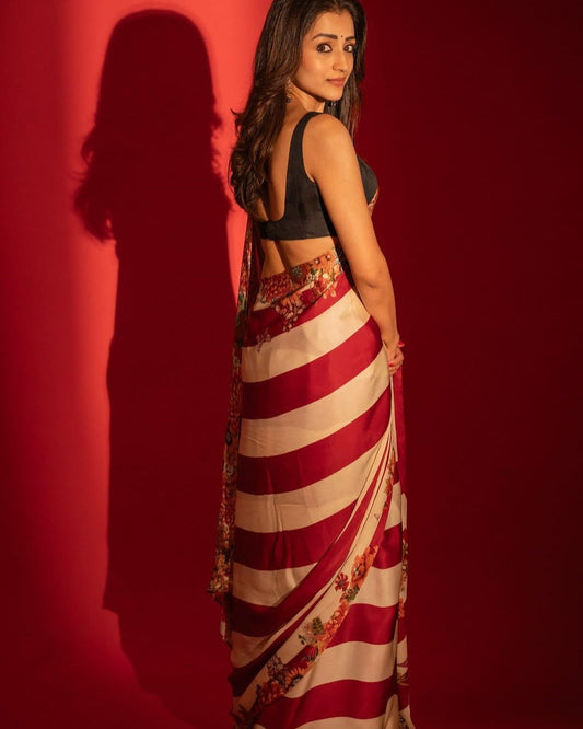 Beige and Maroon Crape Silk Saree - side view