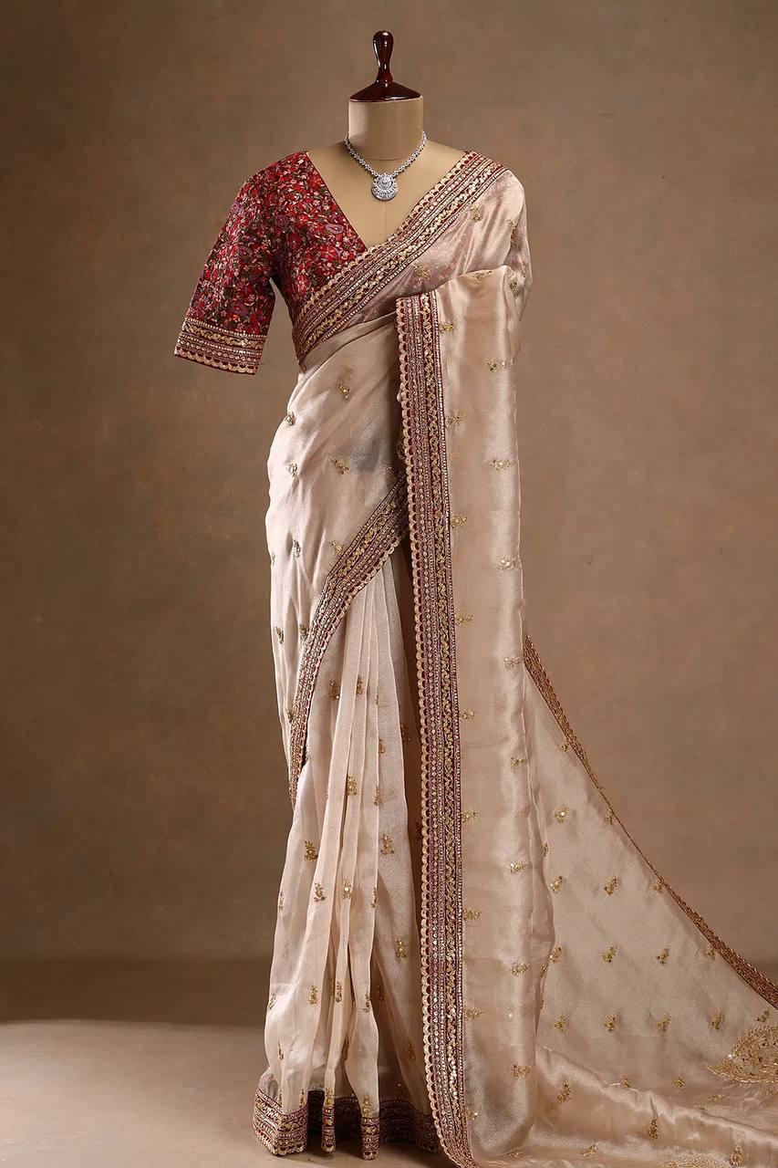 Beige Jimmy Choo Silk Saree - draped look