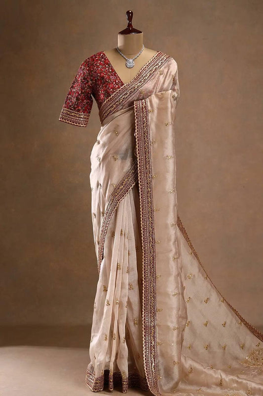 Beige Jimmy Choo Silk Saree - draped look