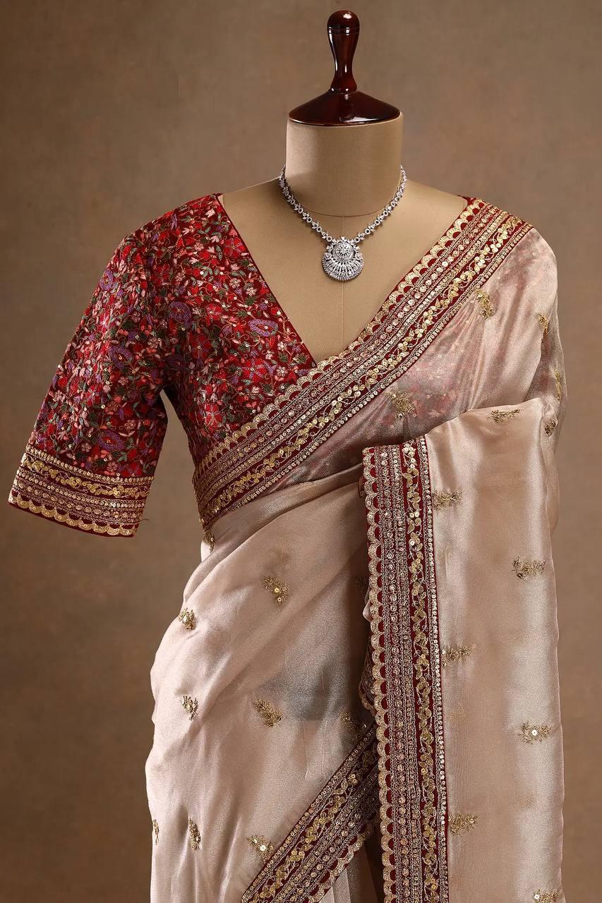 Beige Jimmy Choo Silk Saree - blouse detail