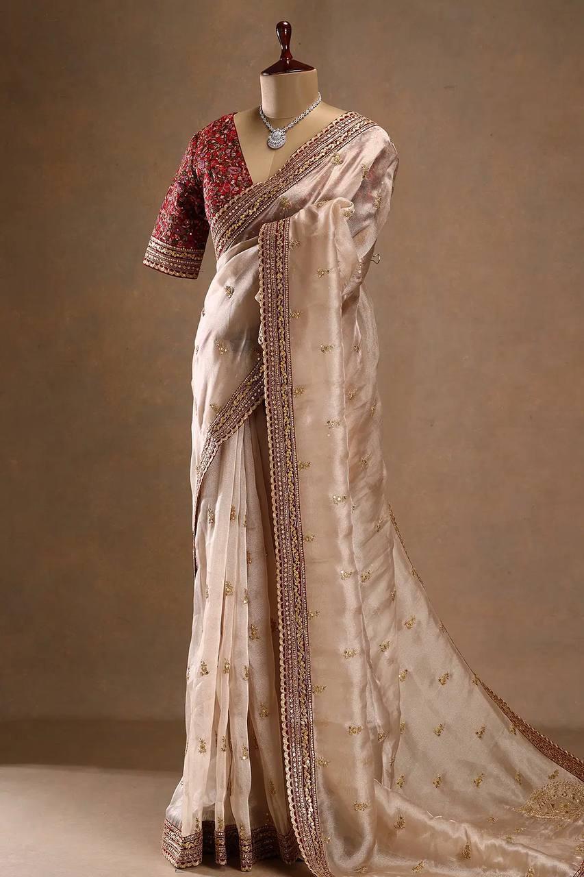 Beige Jimmy Choo Silk Designer Saree - front view