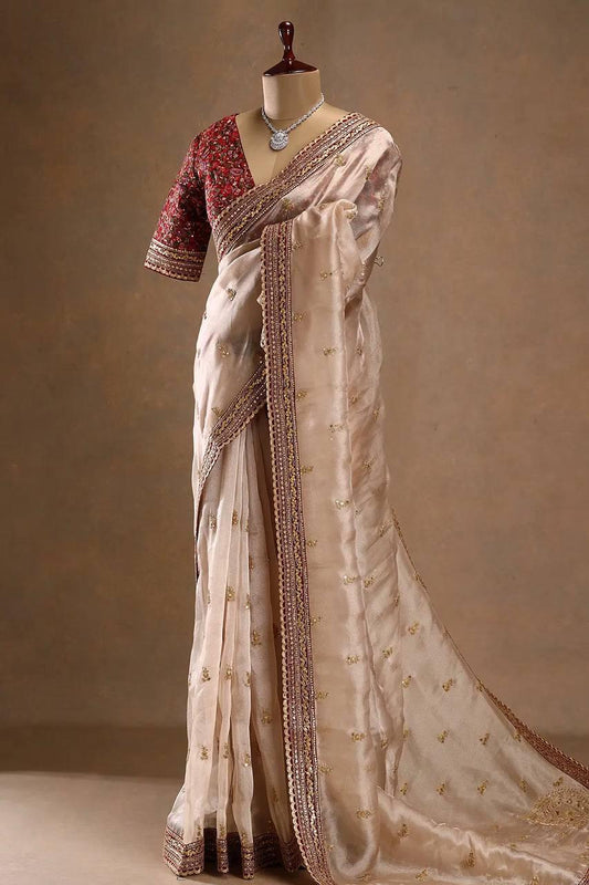 Beige Jimmy Choo Silk Designer Saree - front view