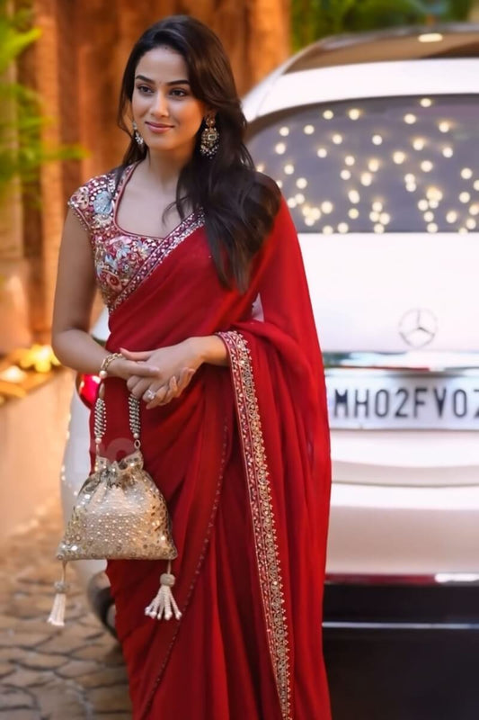 Red Rangoli Silk Designer Saree - front view