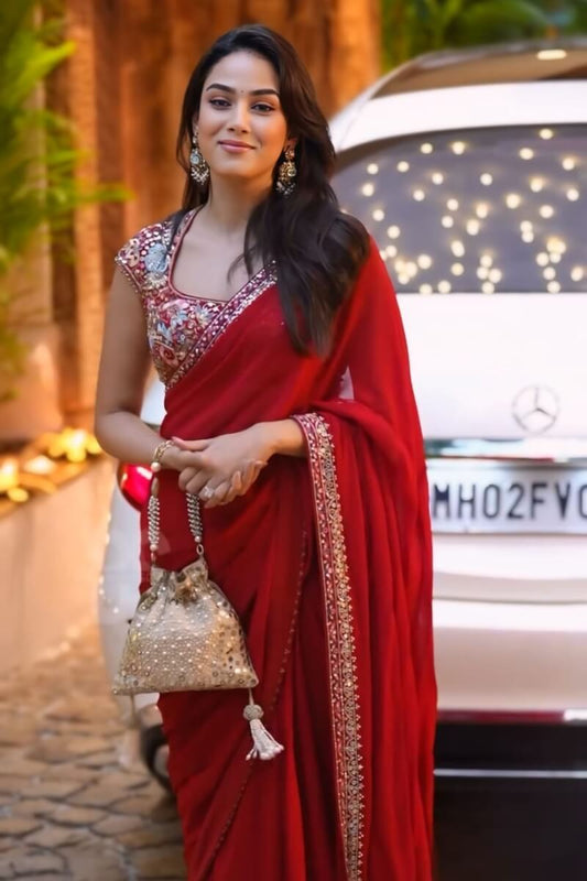 Red Rangoli Silk Saree - draped look