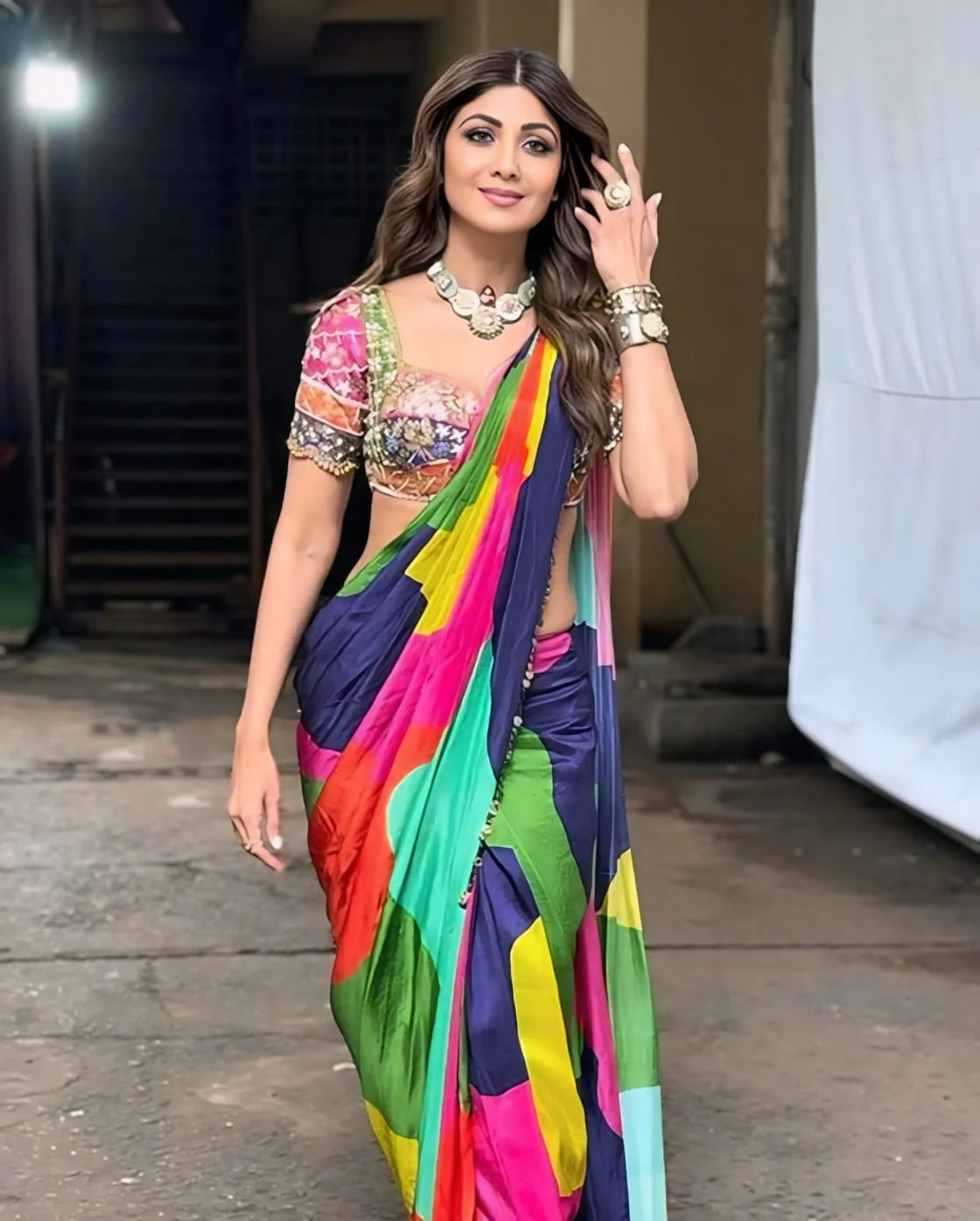 Multicolour rainbow silk saree full length view - outdoor