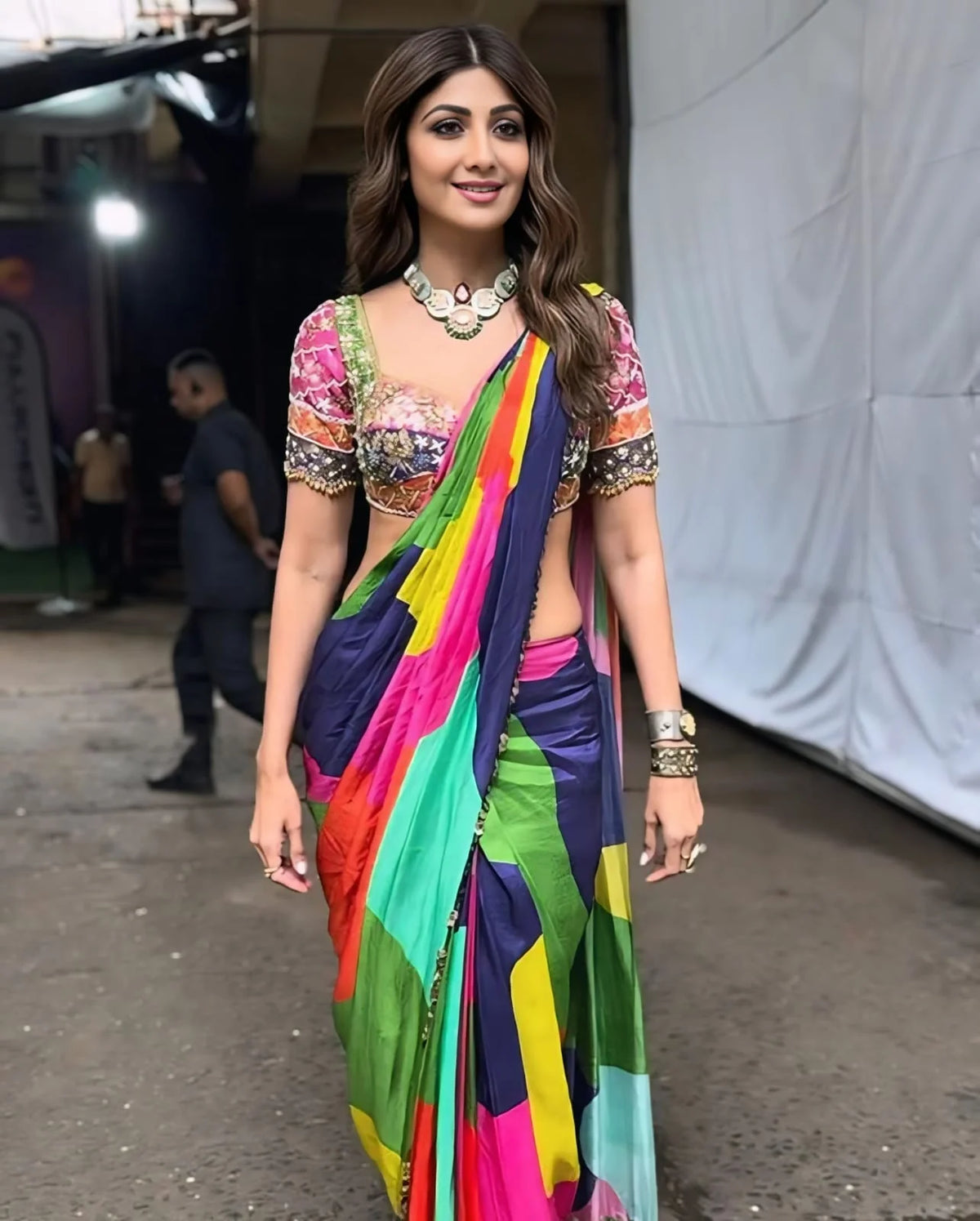 Multicolour rainbow silk saree full length studio shot