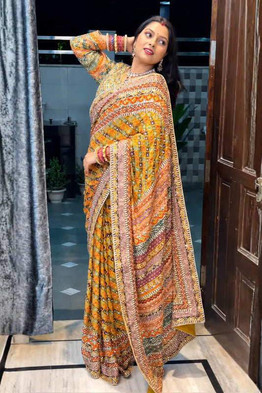 Yellow Chinon silk mirror work saree - front view