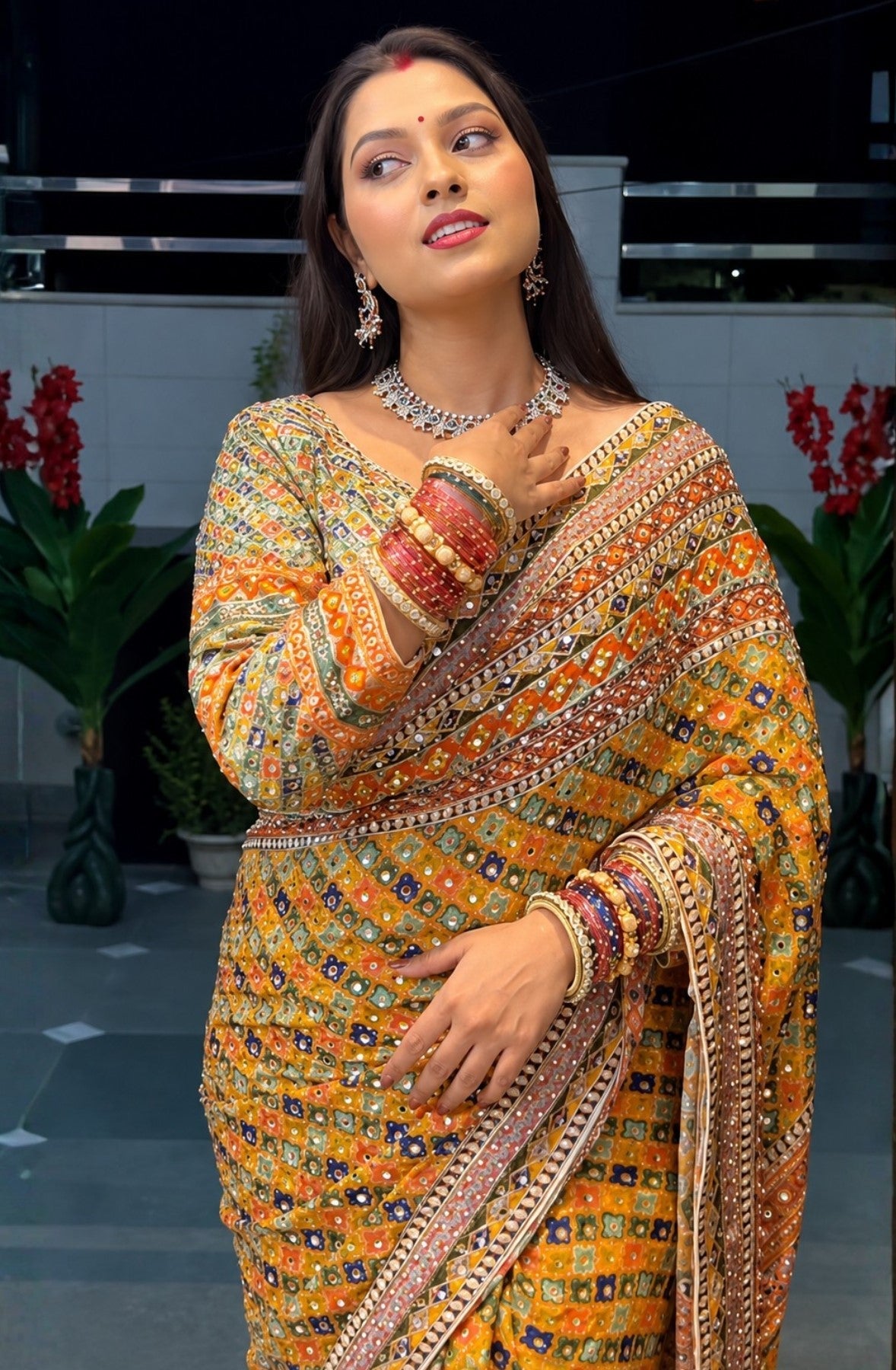 Yellow Chinon silk saree - side view