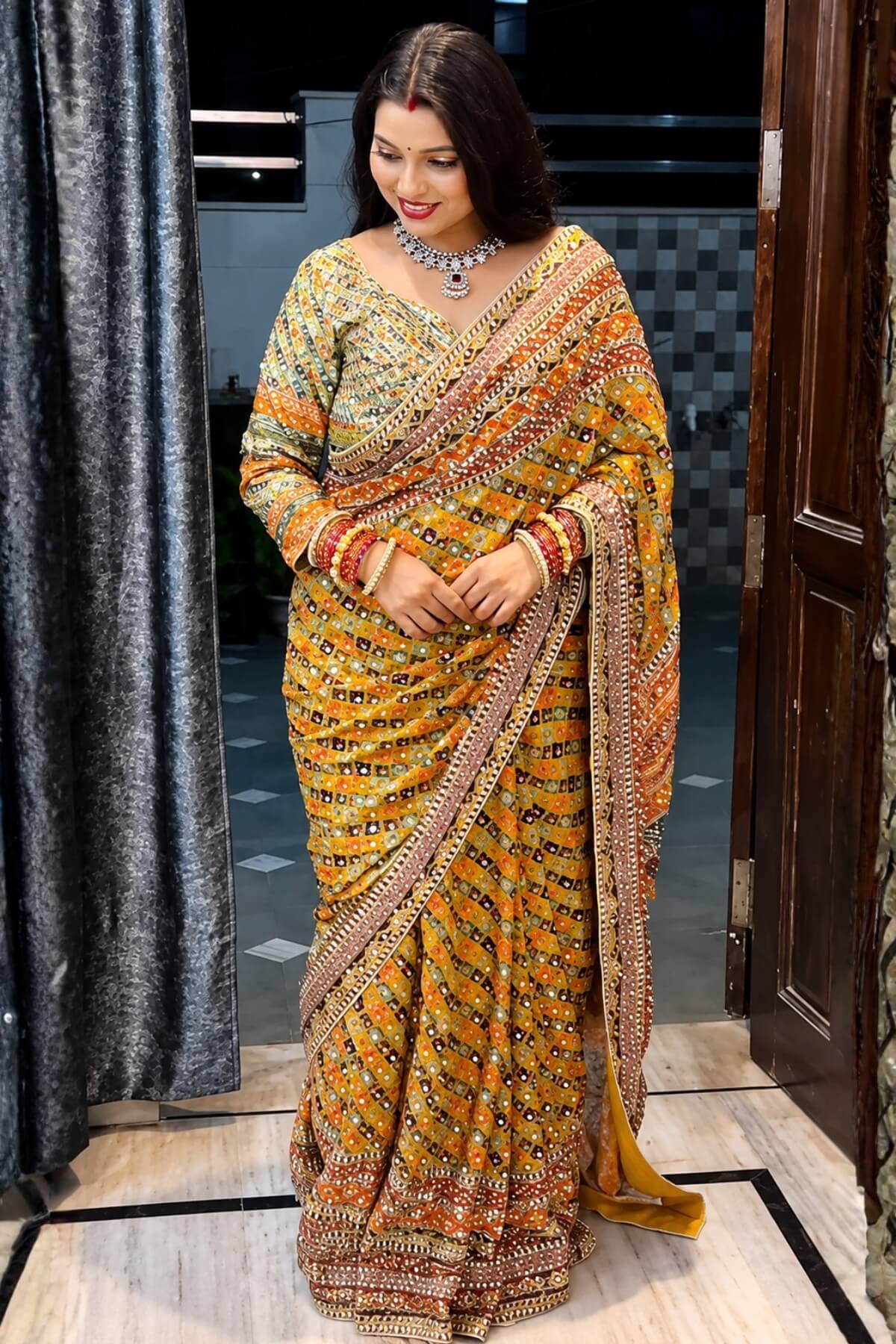 Yellow Chinon silk printed saree - fabric close up