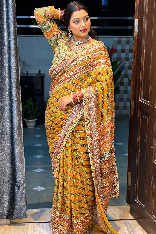 Yellow Chinon silk printed mirror work saree - full drape