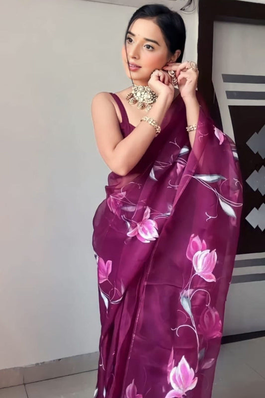 Wine Organza Silk Printed Saree with Blouse – The Sareeza