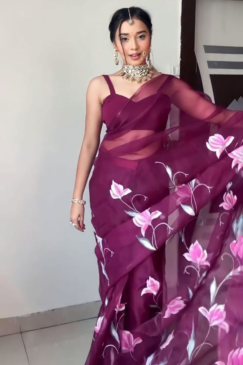 Wine Organza Silk Party Wear Saree – The Sareeza