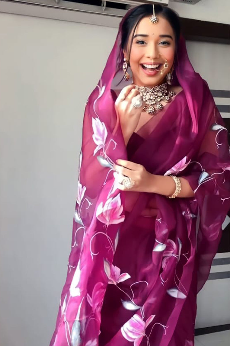 Wine Organza Silk 1-Minute Ready to Wear Saree – The Sareeza