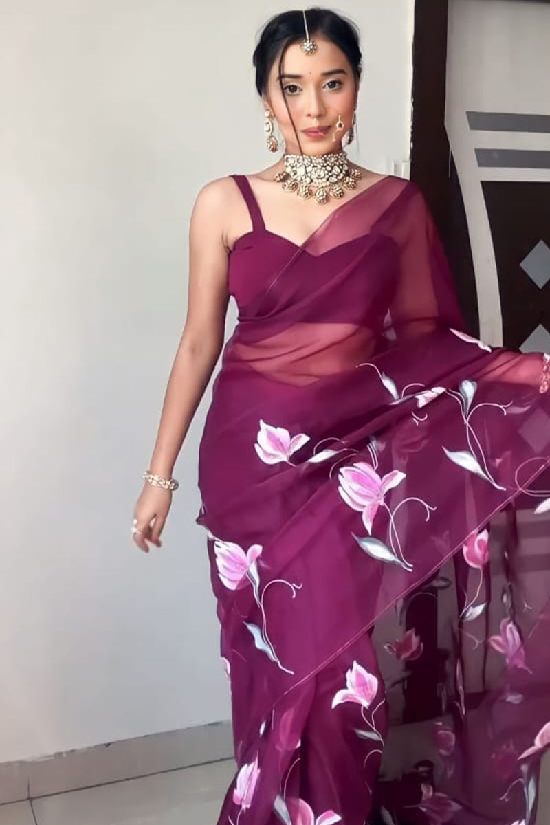 Rich Wine Organza Silk Saree drape – The Sareeza