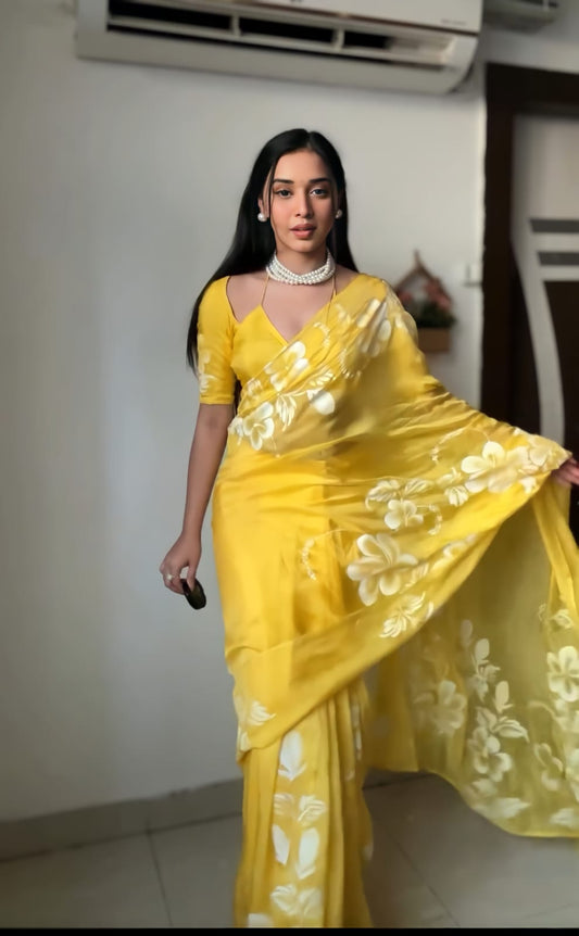Yellow Georgette Printed Ready to Wear Saree with Satin blouse - The Sareeza