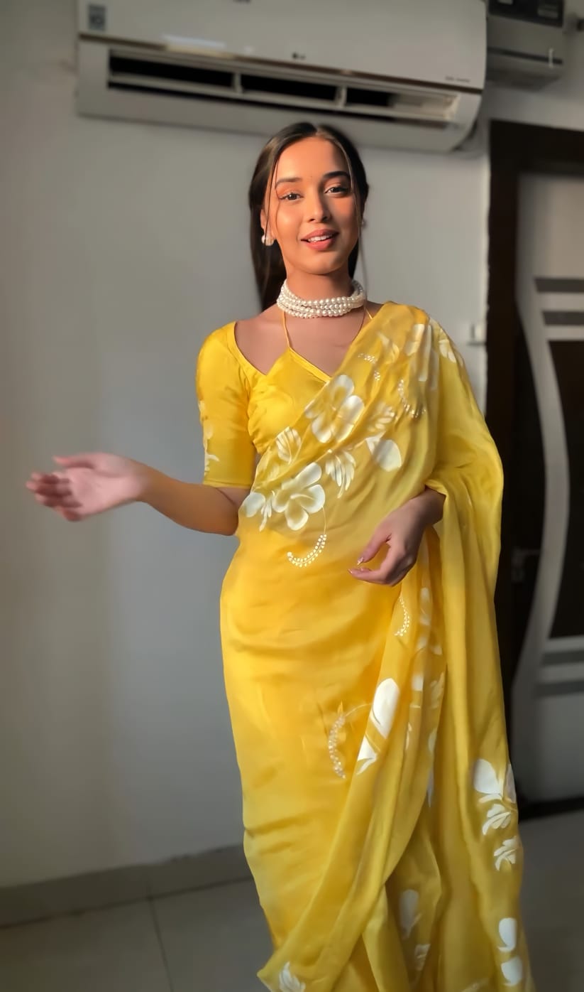 Yellow Georgette Ready to Wear Saree with blouse piece