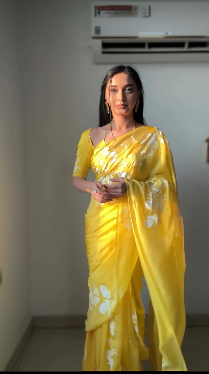 Yellow Georgette Saree - side view