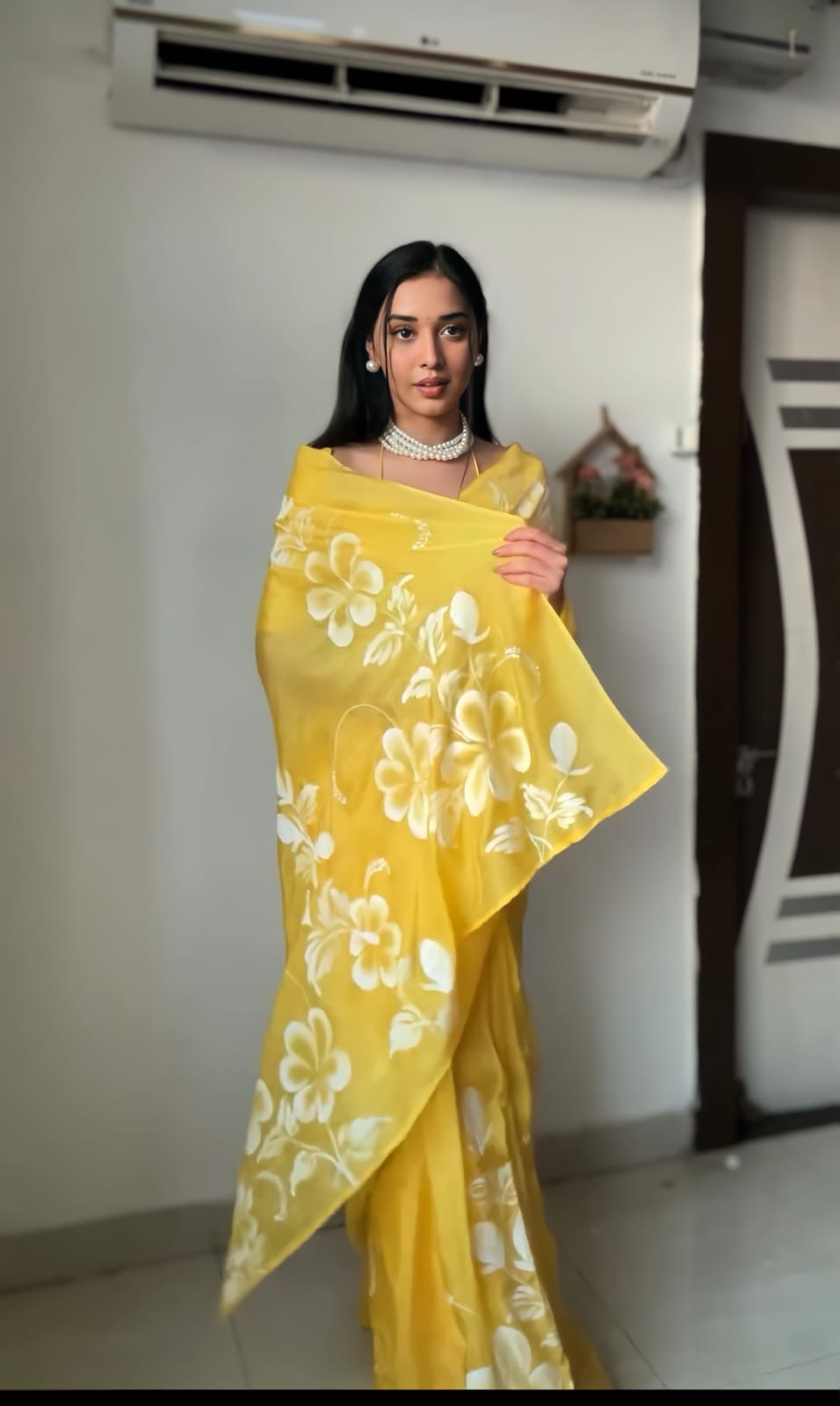 Yellow Georgette festive ready to wear saree styling