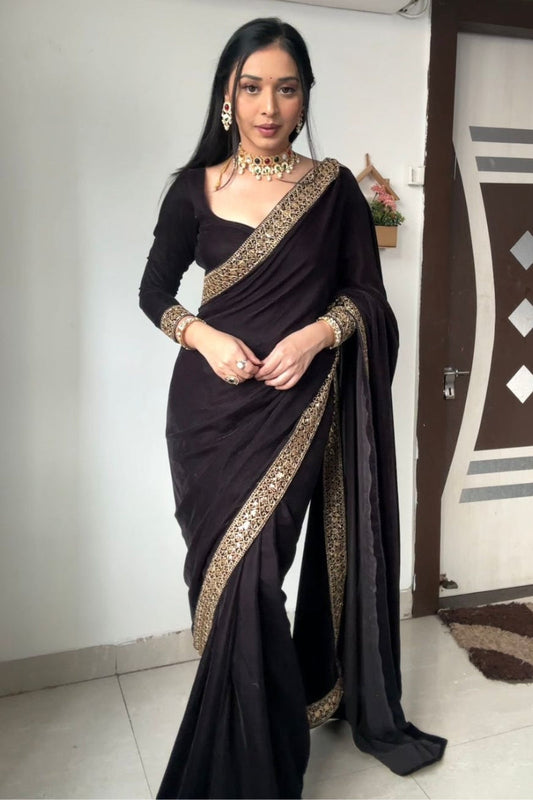 Black Velvet Designer Saree - front view