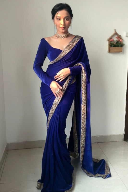 Royal Blue Velvet Designer Saree - front view