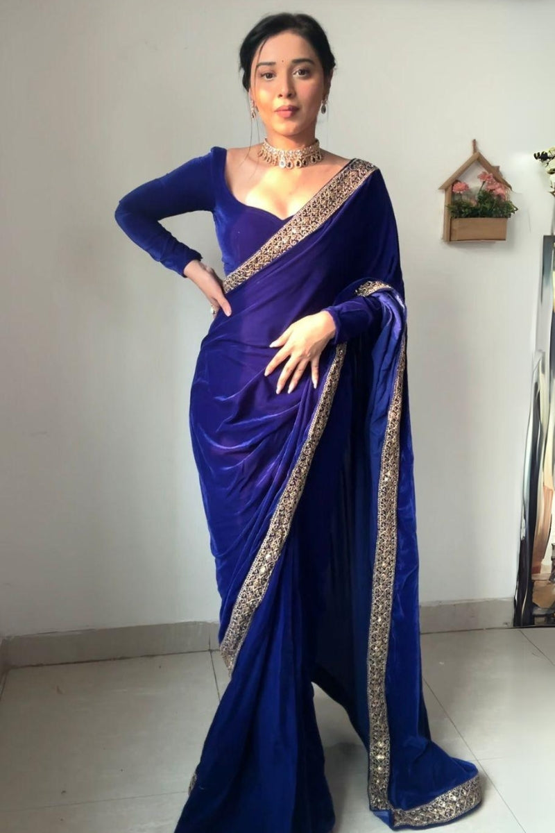 Royal Blue Velvet Saree - draped look