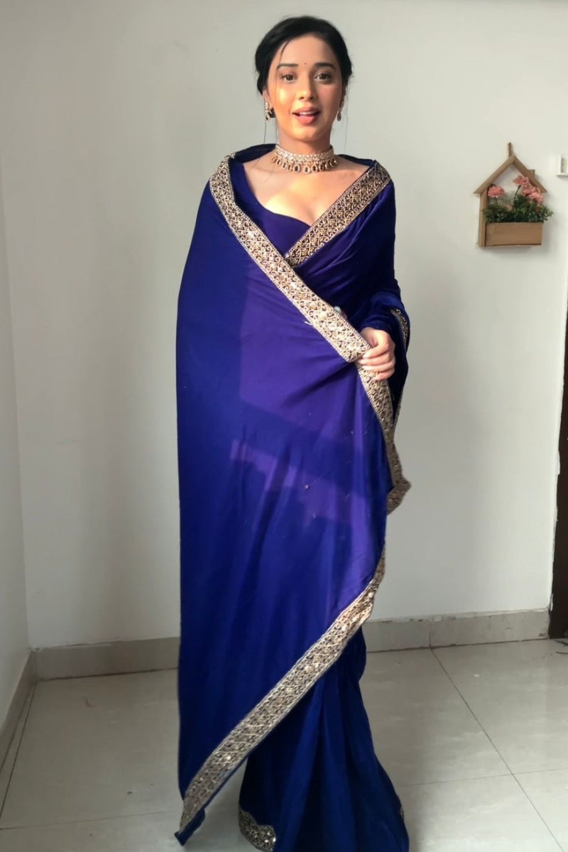 Royal Blue Velvet Saree - blouse detail