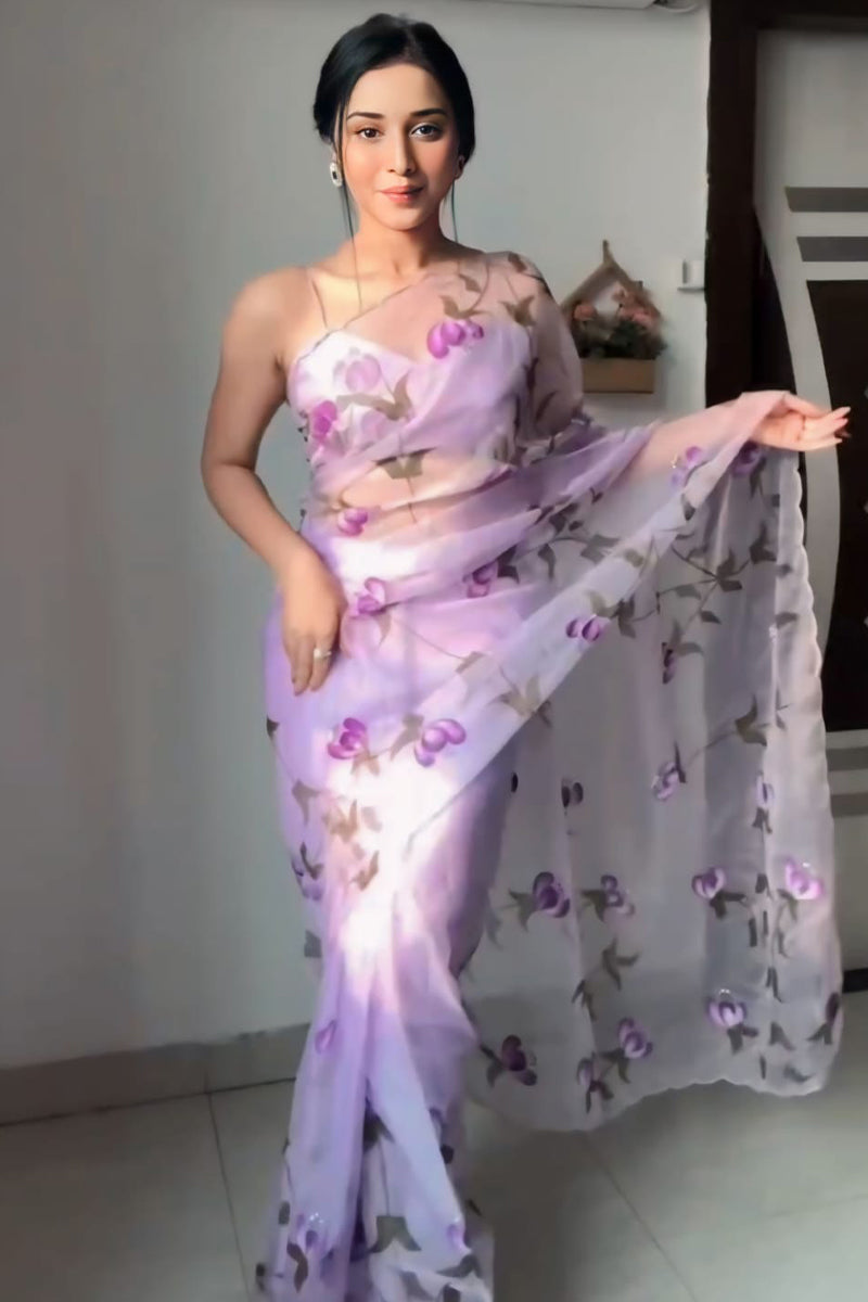 Lavender Organza Silk Saree - draped look