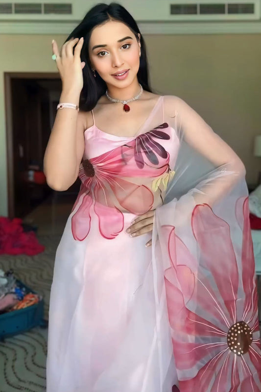 Baby Pink Printed Organza Silk Ready to Wear Saree – The Sareeza