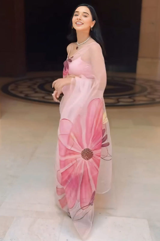 Baby Pink Printed Organza Silk Saree with Blouse – The Sareeza