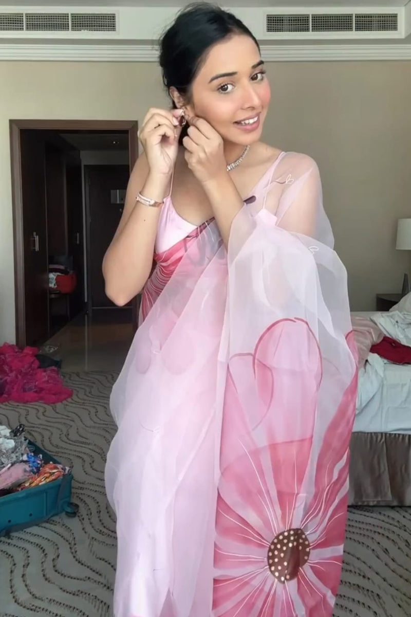 Baby Pink Printed Organza Saree drape – The Sareeza