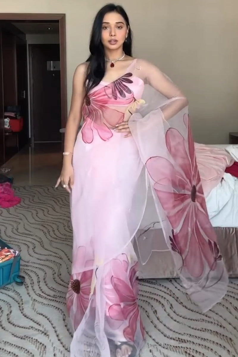 Baby Pink Organza Silk 1-Minute Saree – The Sareeza