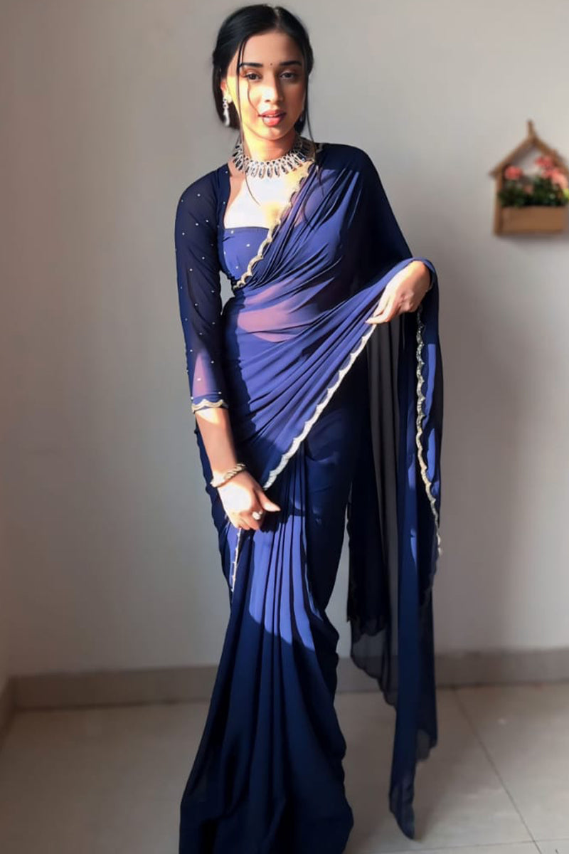 Navy Blue Georgette Saree - draped look