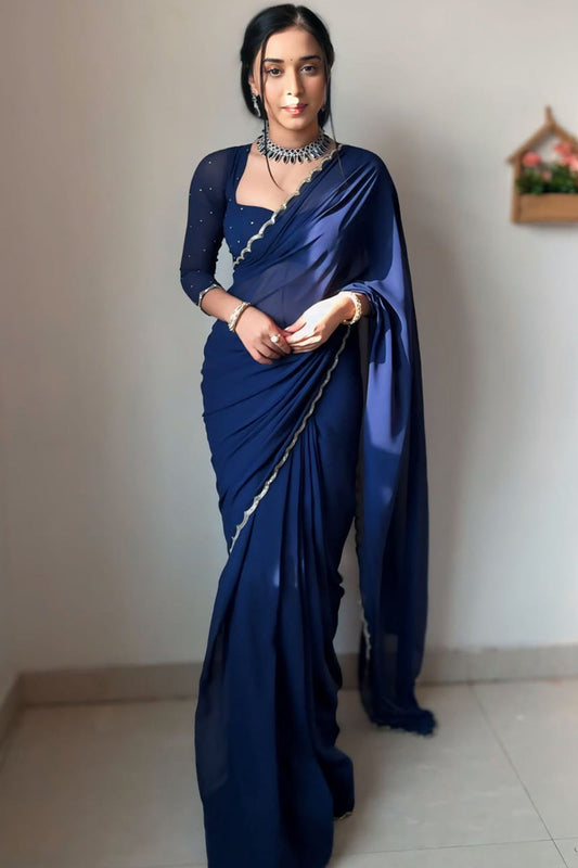 Navy Blue Georgette Ready to Wear Saree - front view