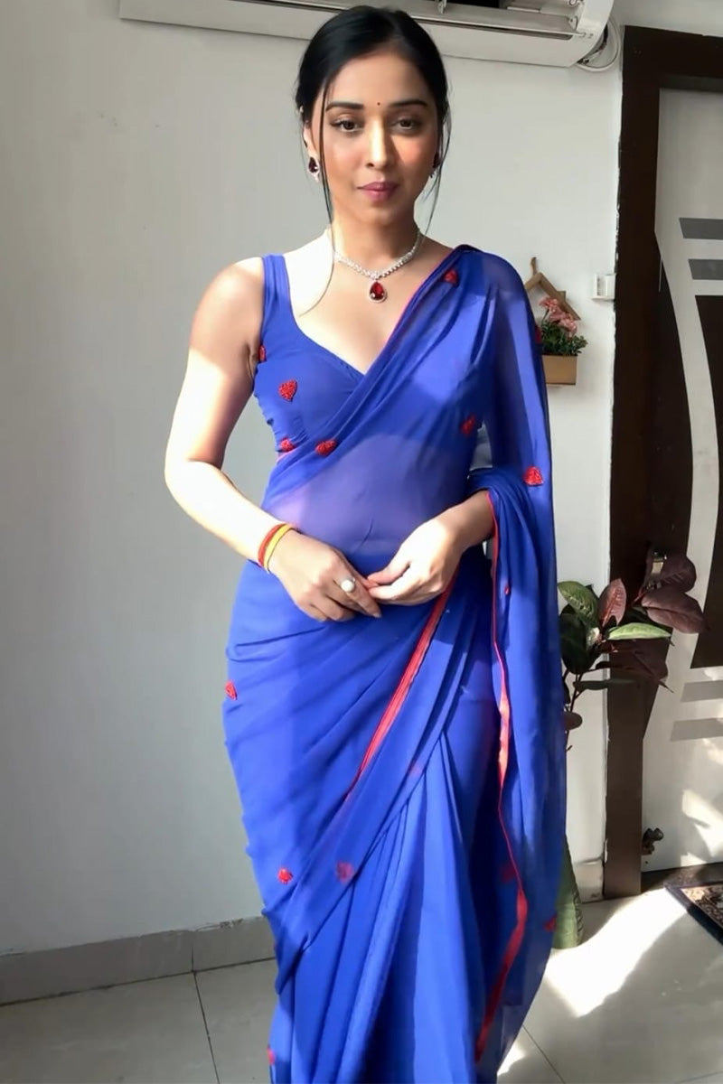 Blue Georgette Ready to Wear Saree – front drape view