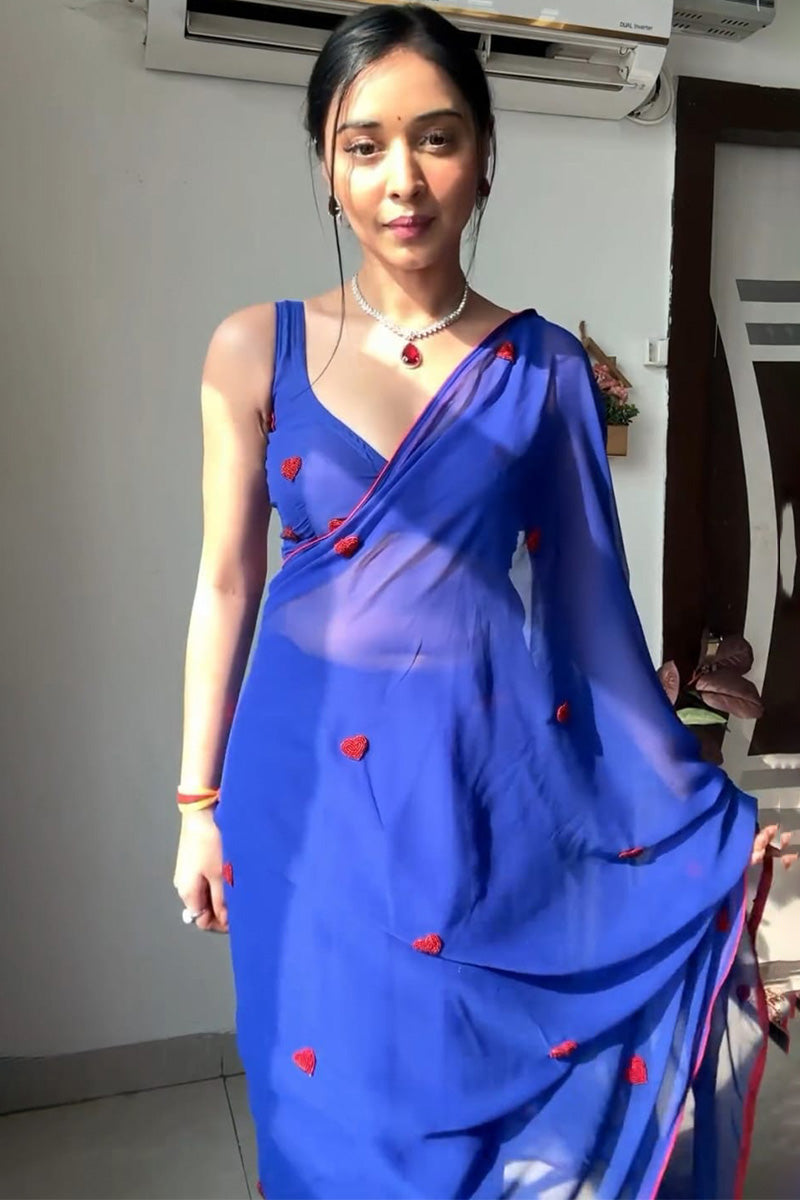 Blue Georgette Ready to Wear Saree – full pre-stitched drape look