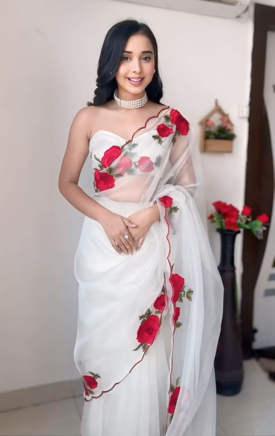 Off White Organza Silk Saree - draped look