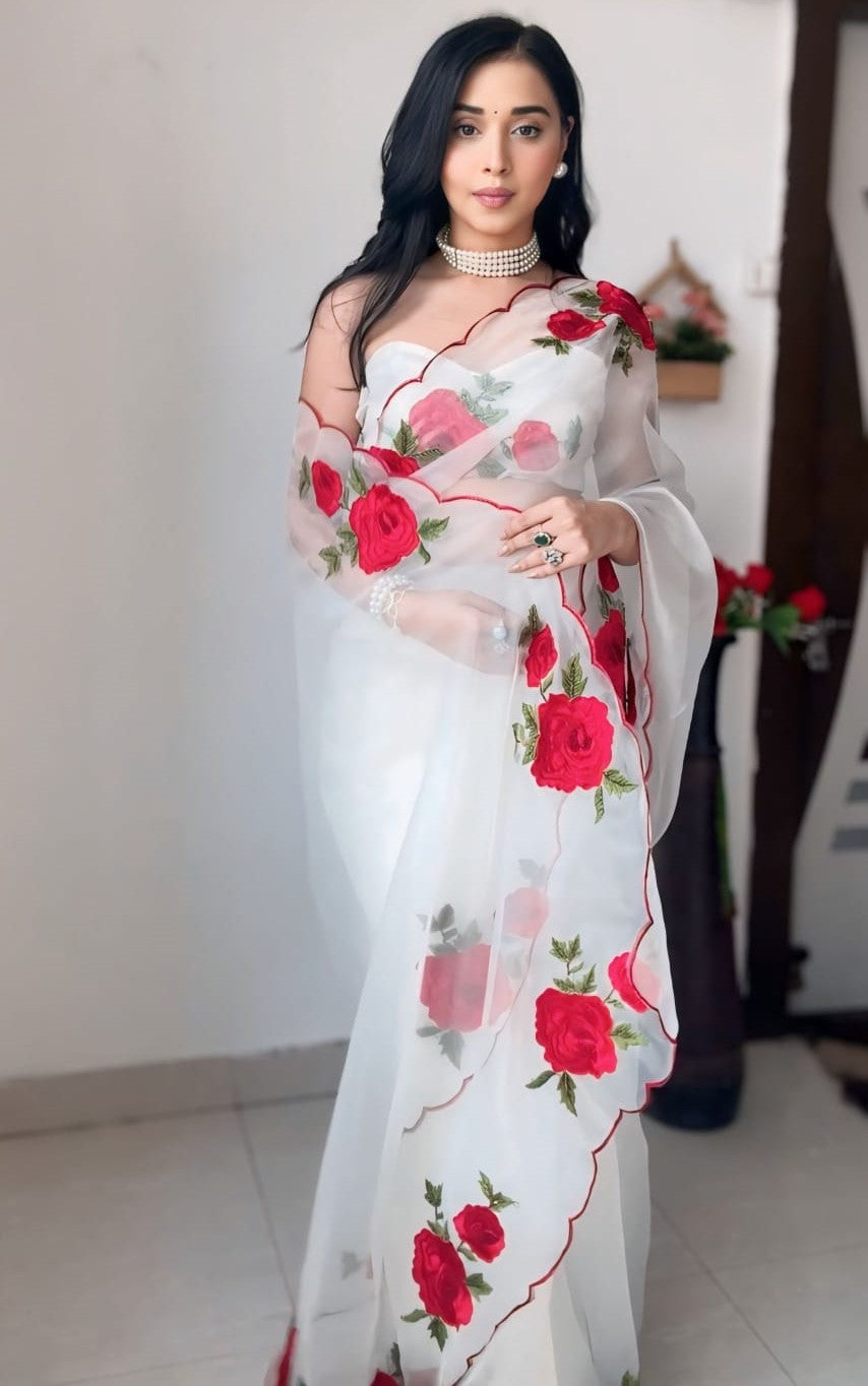 Off White Organza Silk Saree - side view