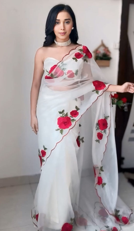 Off White Organza Silk Ready to Wear Saree - front view