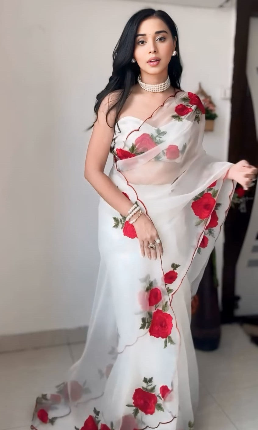 Off White Organza Silk Saree - blouse piece