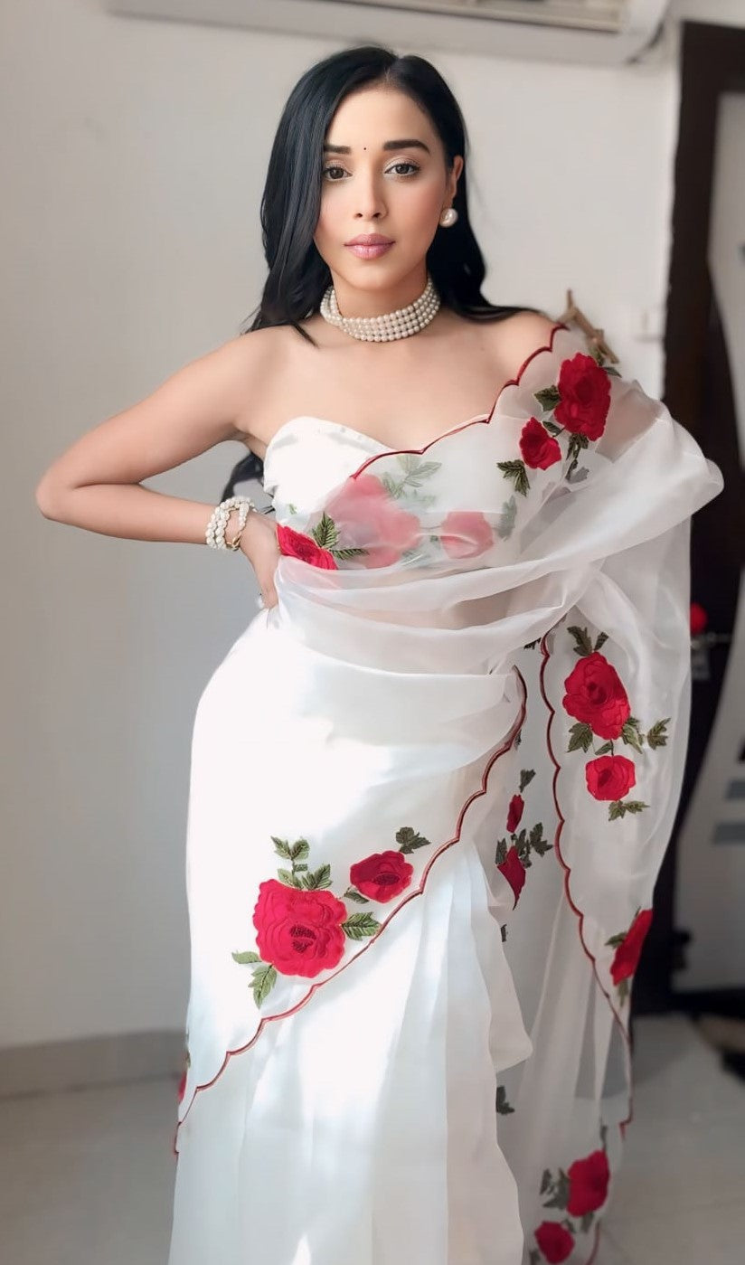 Off White Organza Silk Saree - embroidery detail
