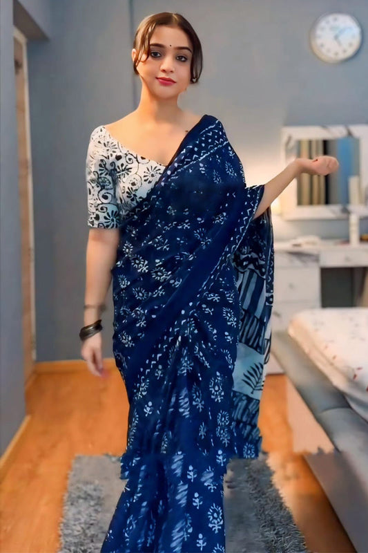 Blue Cotton Ready to Wear Saree - front view