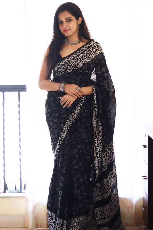 Black Cotton Ready to Wear Saree - front view