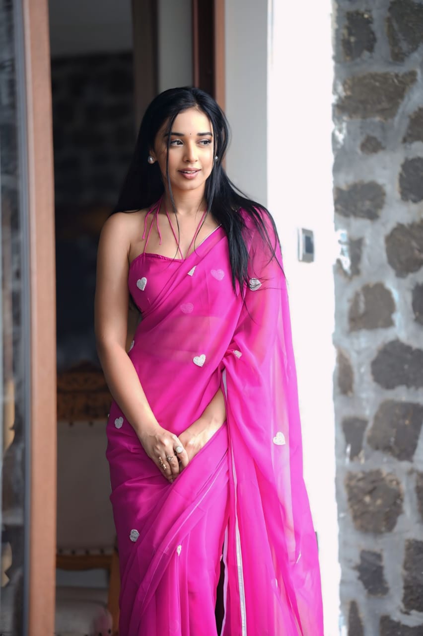 Dark Pink Georgette Ready to Wear Saree – full pre-stitched drape look
