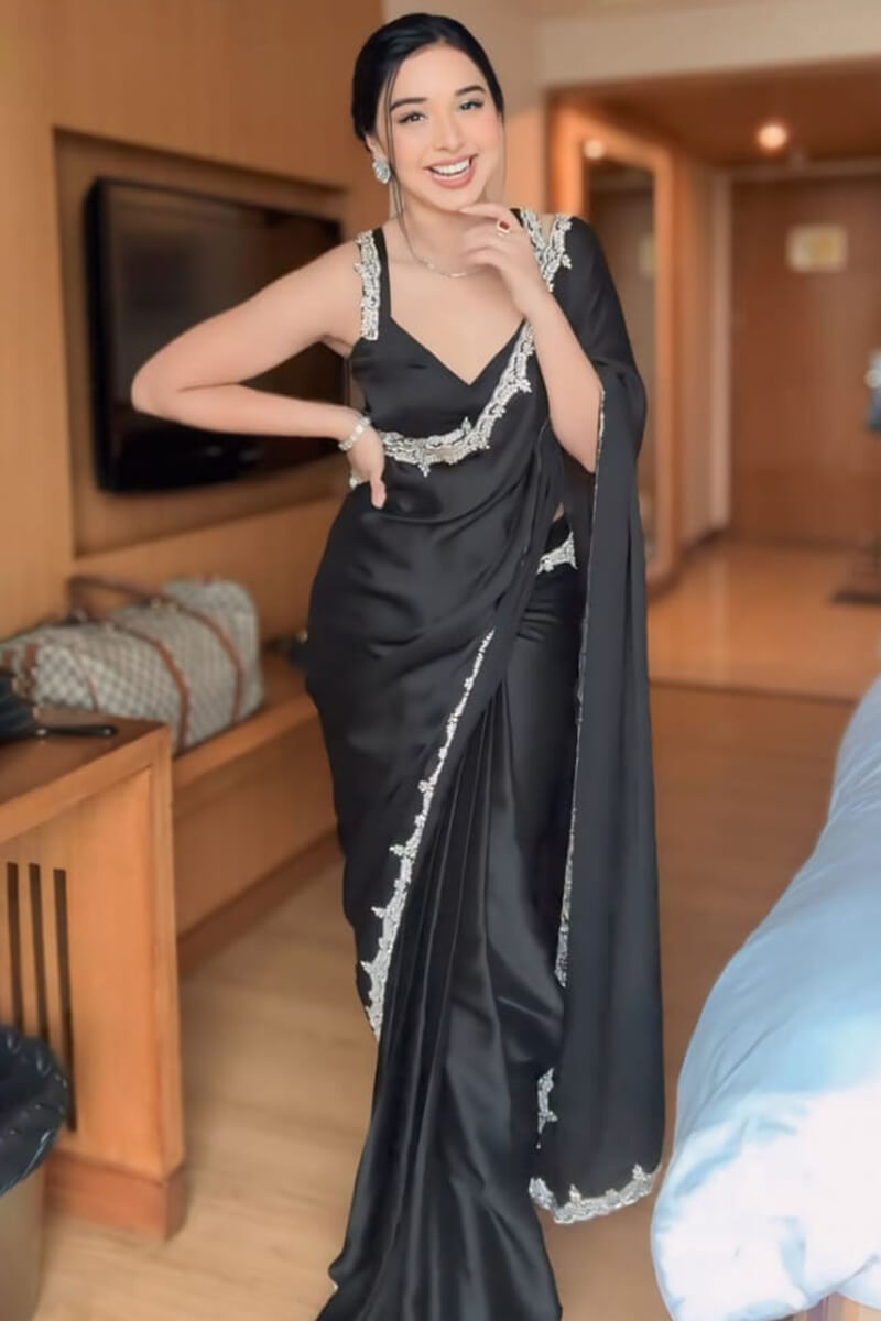 Black Satin Silk Saree - draped look