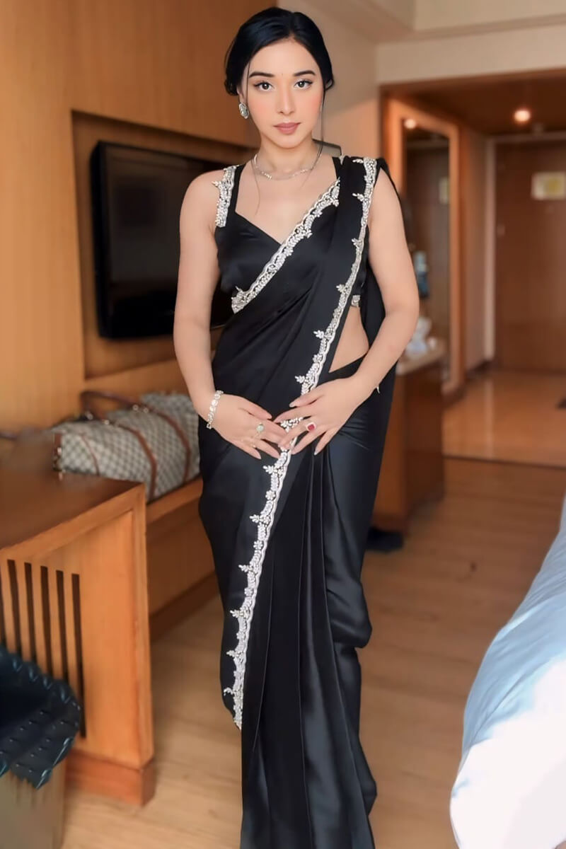 Black Satin Silk Saree - full spread