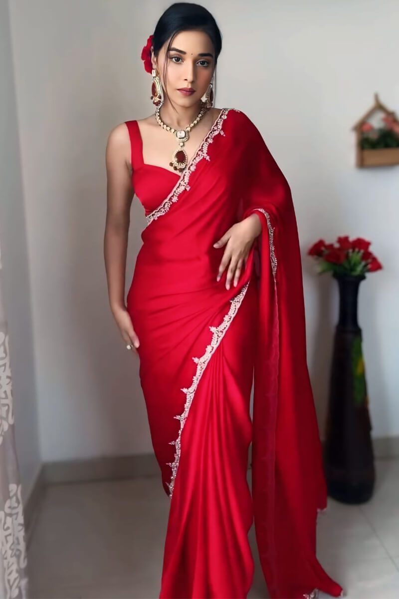 Red Satin Silk Saree - draped look