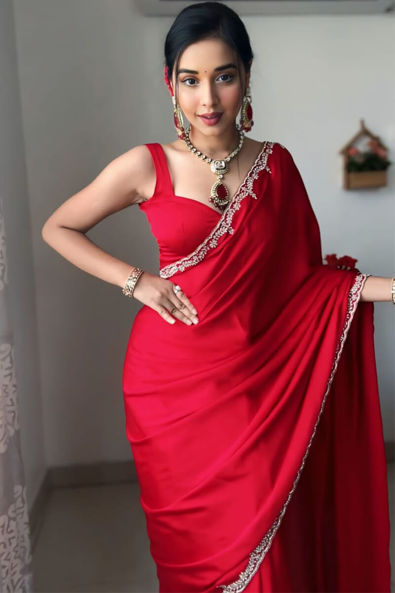 Red Satin Silk Saree - blouse detail