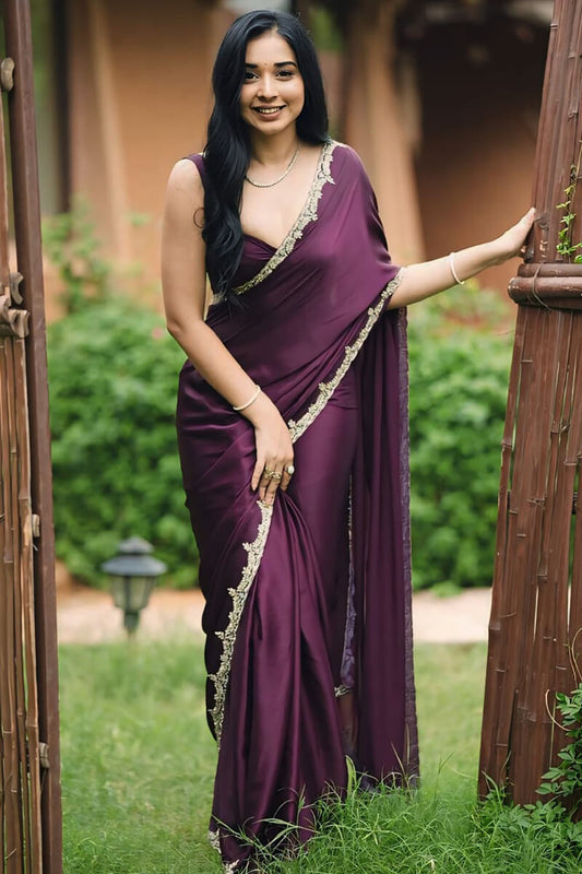 Wine Satin Silk Ready to Wear Saree - front view