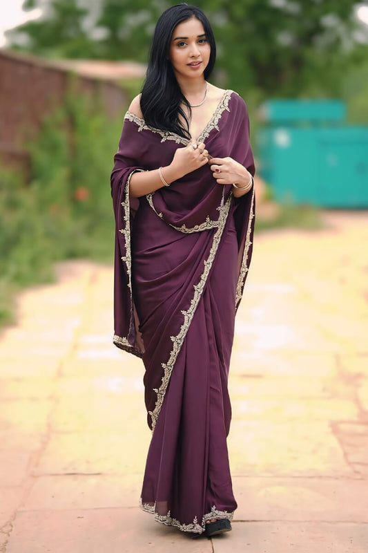 Wine Satin Silk Saree - side view
